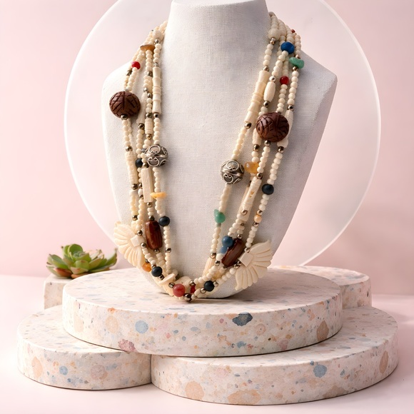 Jewelry - VTG 4 Strand Carved Bone Bead Necklace Jasper Carnelian Sodalite Agate Boho 24”